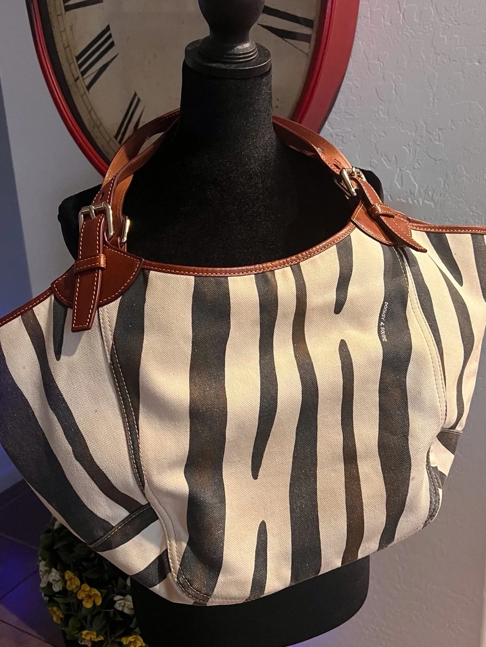 Dooney & Bourke Zebra-Stripe Canvas Tote with Brown Leather Trim